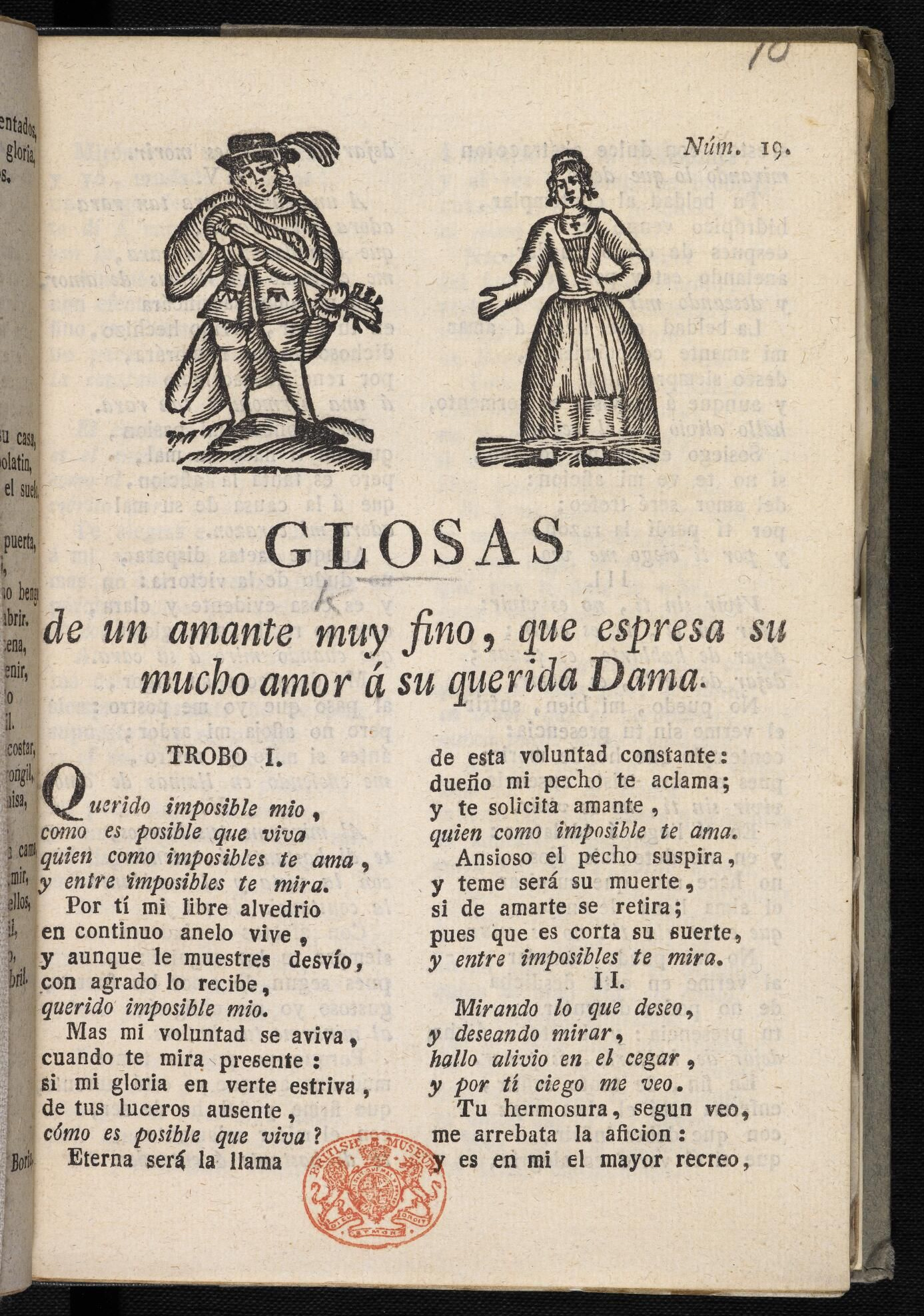 Comienzo del pliego "Glosas de un amante muy fino..." Ejemplar Gb-Lb 11450.f.26.(10.)