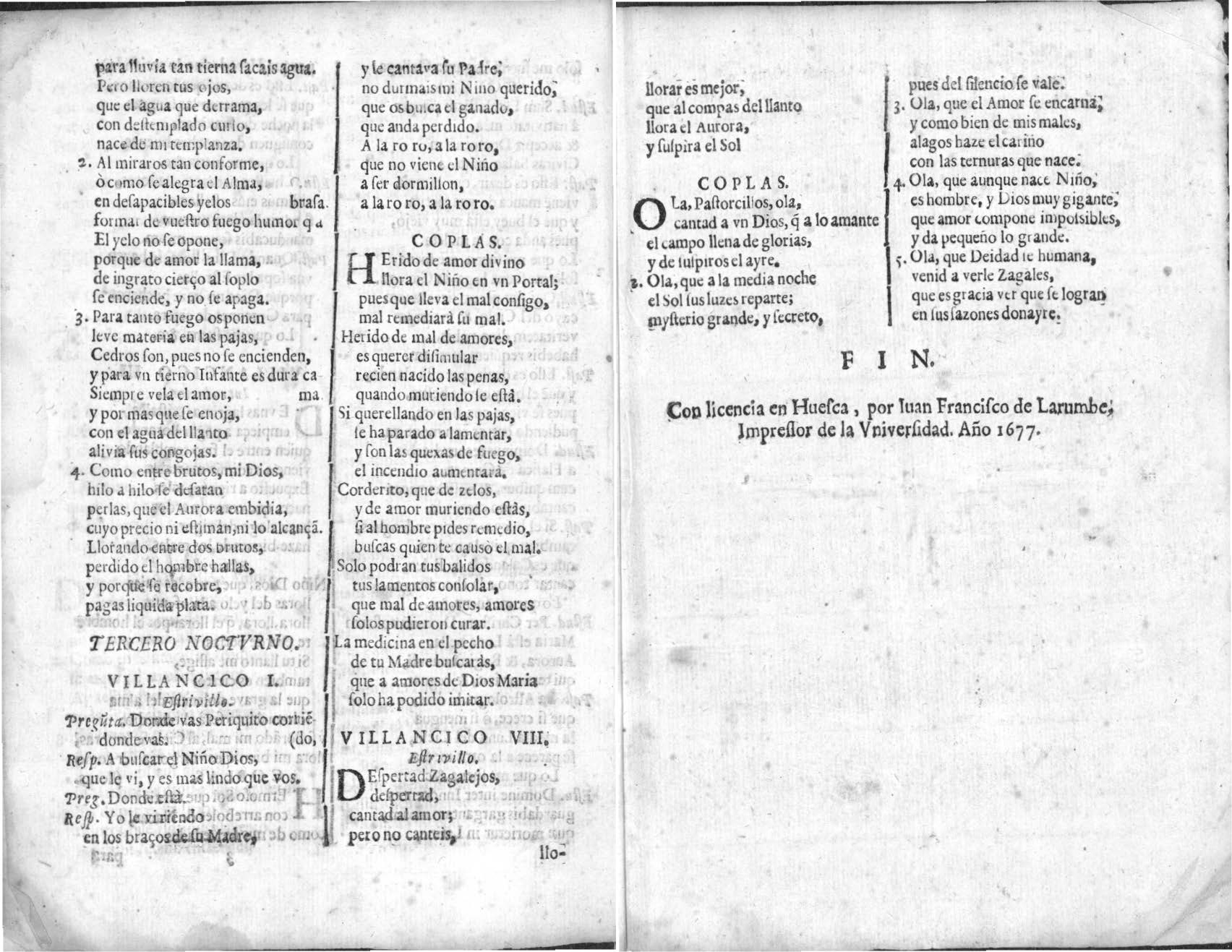 Último villancico de los cantado en la Navidad de 1677 en la Catedral de Barbastro