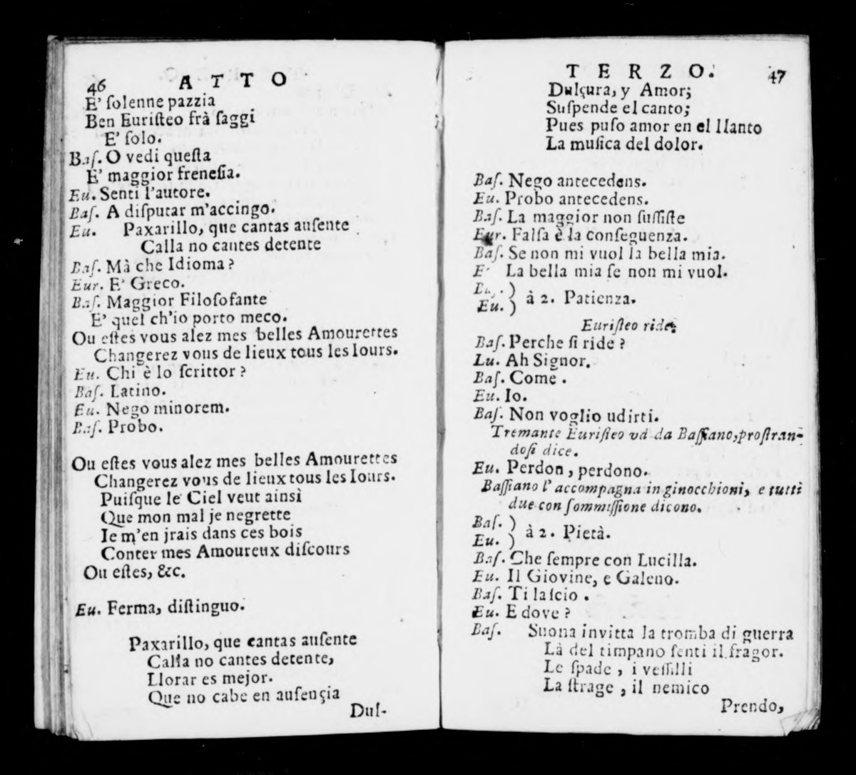 Página del libreto de la ópera Bassiano de Alessandro Scarlatti