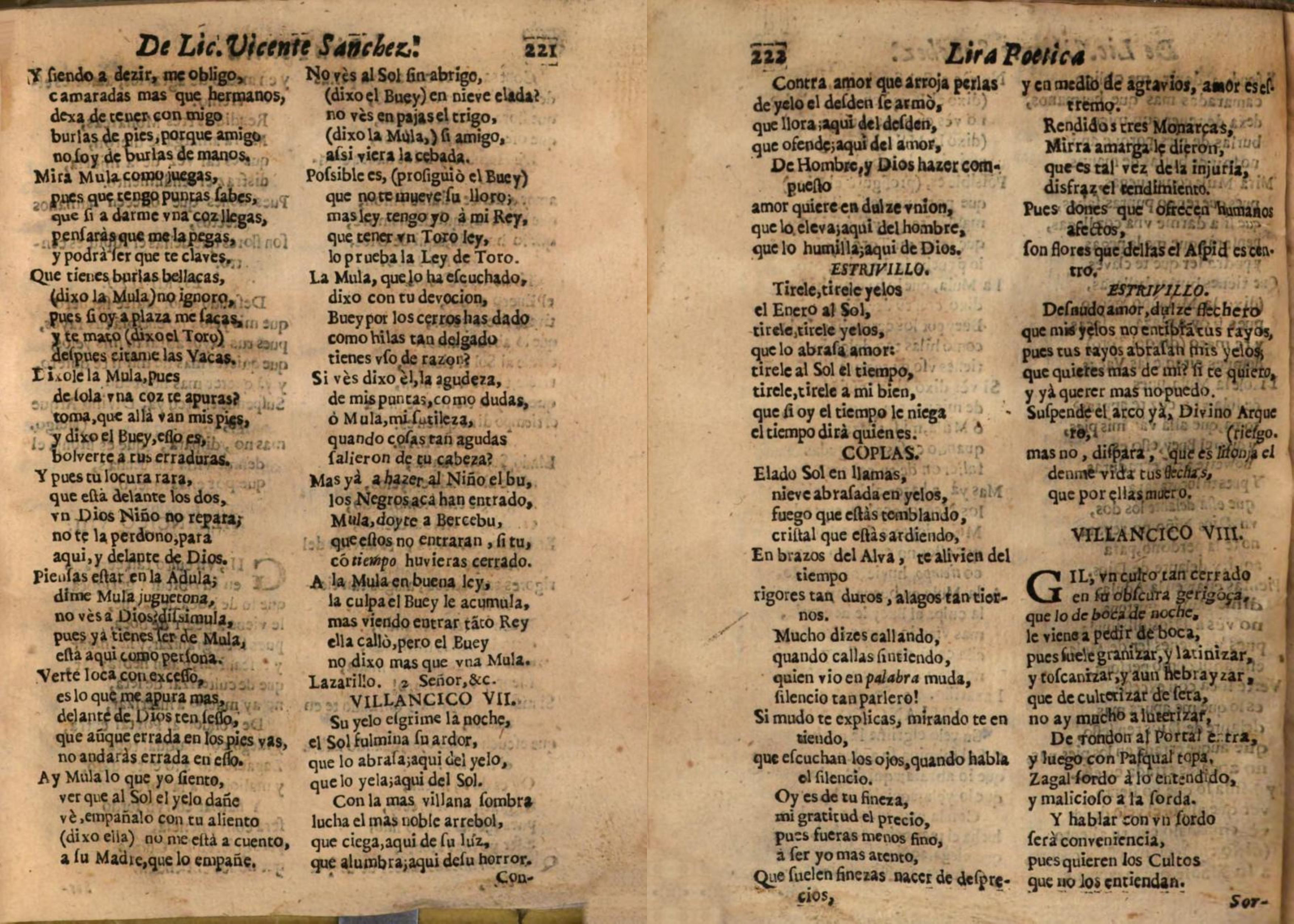 Páginas 221 y 222 de la Lyra poétia de Vicente Sánchez