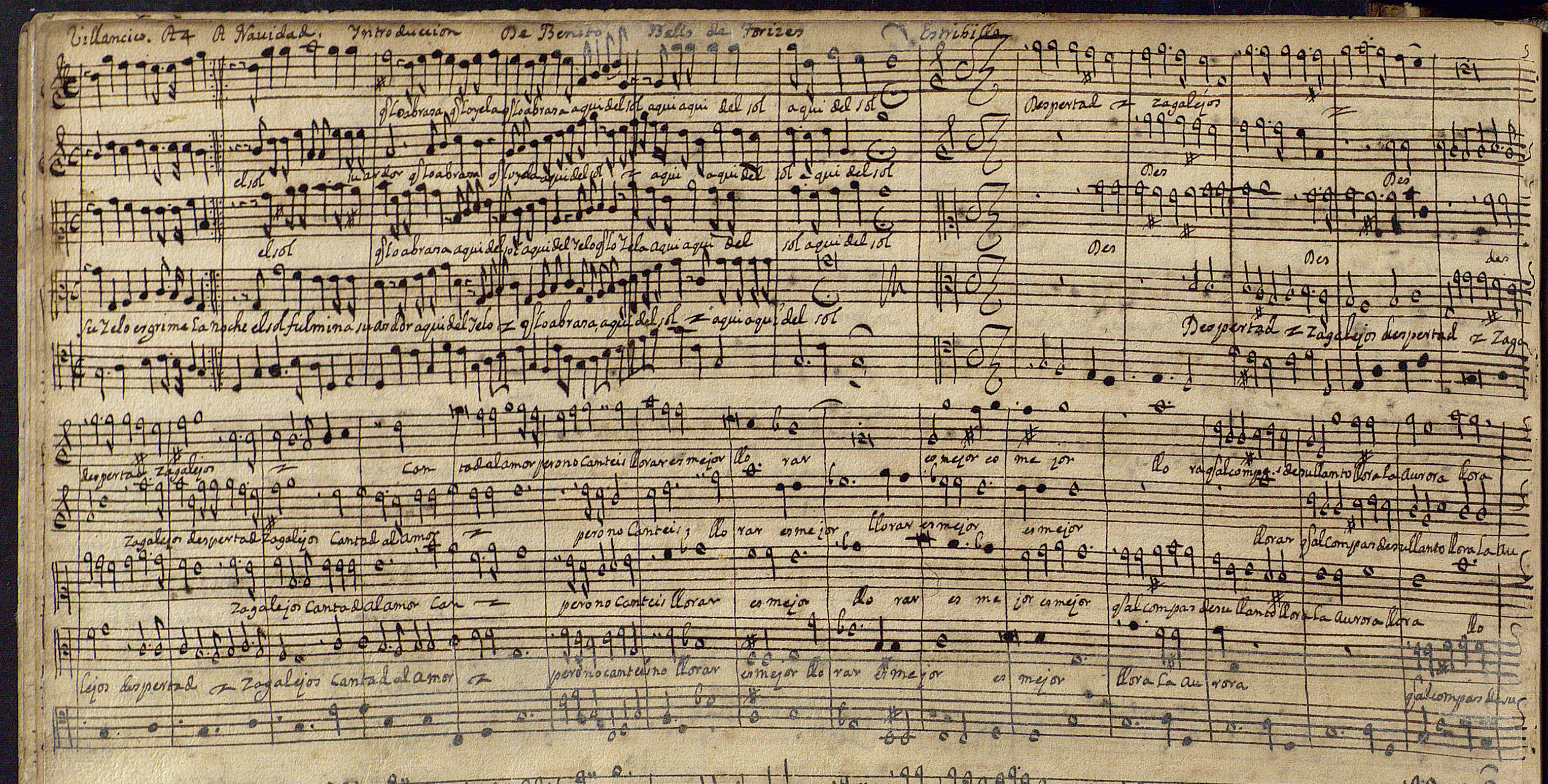 f.105v de la Música de varios autores de Gerónimo Vermell con el comienzo de Su yelo esgrime la noche