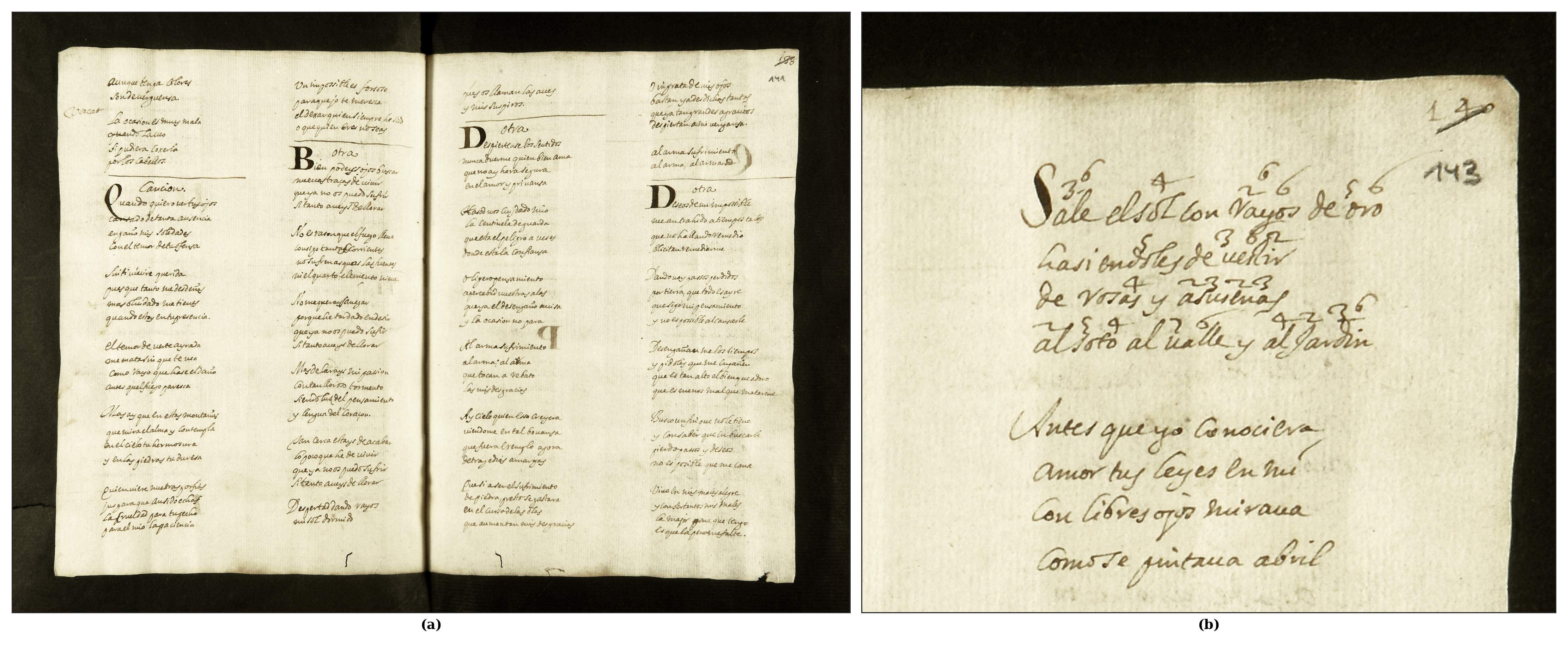 E-Bbc Ms 4158. (a) f. 140v y f. 141r. Comienzo del bloque englobado bajo la rúbrica «Canción / Otra», con Deseos de un imposible al final de f. 141r. (b) Detalle del f. 143r con las cifras para guitarra de Sale el sol con rayos de oro, englobado en el mismo bloque.