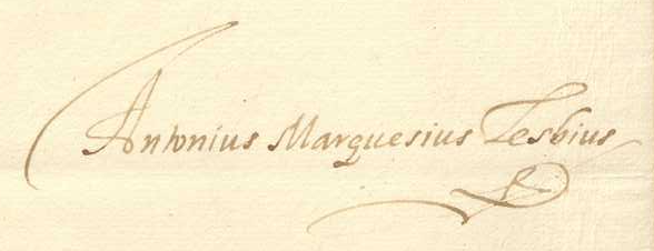 Firma de António Marques Lésbio en una de sus cartas latinas a Manuel Caetano de Sousa, 23 de octubre de 1683. P-Ln cod. 9635, f. 68r